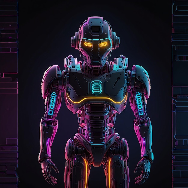 A robot with glowing eyes sits in a dark room Futuristic robot robot with neon glow 3d illustration