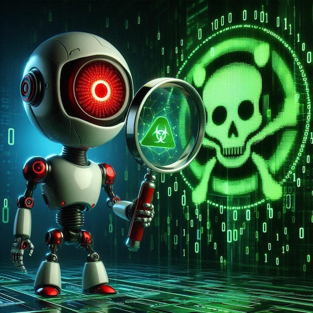 a robot with a green background with a skull and a skull on it