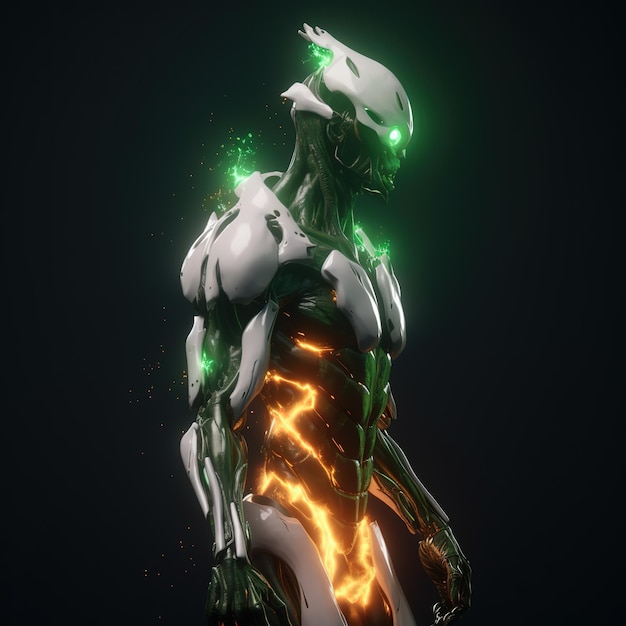 A robot with green eyes and a glowing green light on his chest.