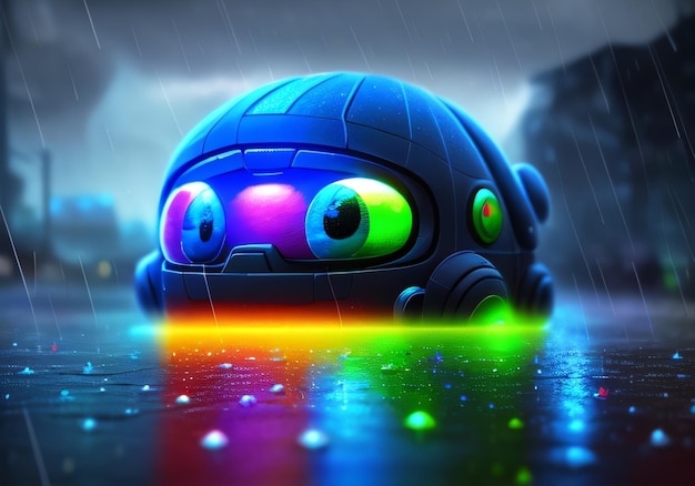 A robot with green eyes sits on a wet road in the rain.