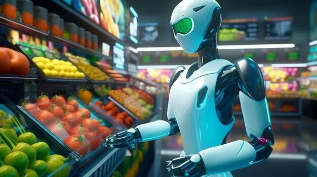 Photo a robot with a green face stands in front of a grocery store