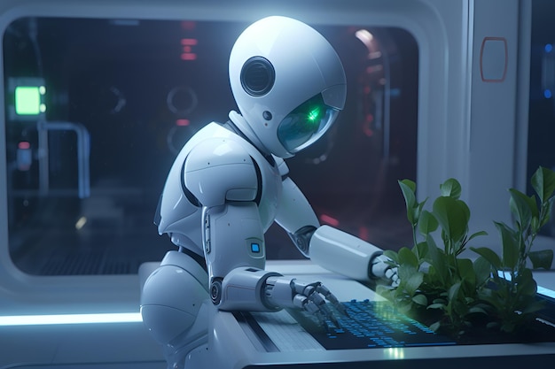 A robot with a green light on his keyboard