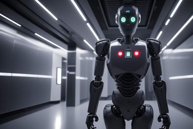 A robot with a green light on it stands in a dark room.