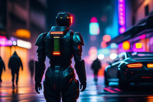 A robot with a green light on stands in the rain in front of a neon sign that says'robot '