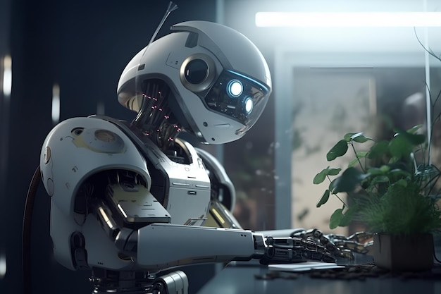 A robot with a green plant in the background