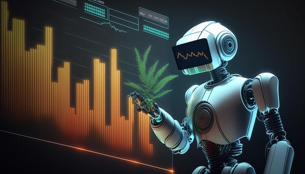 A robot with a green plant in his hand.