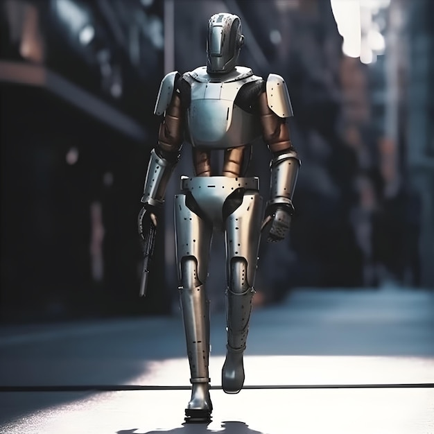 A robot with a gun is walking down a street.