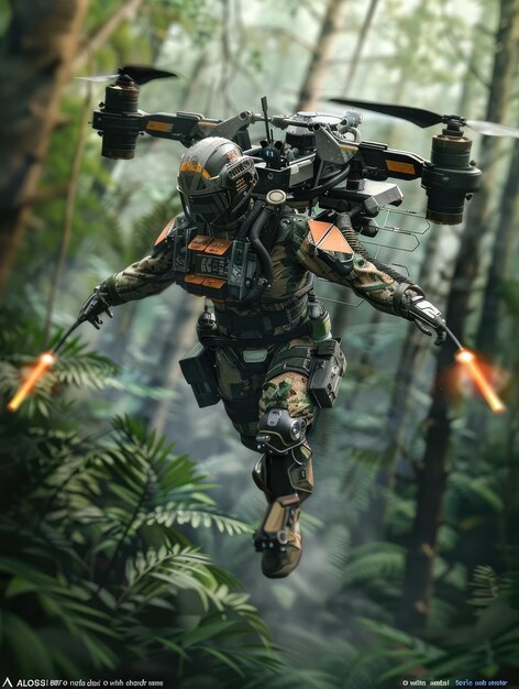 Photo a robot with a gun on it is in the forest