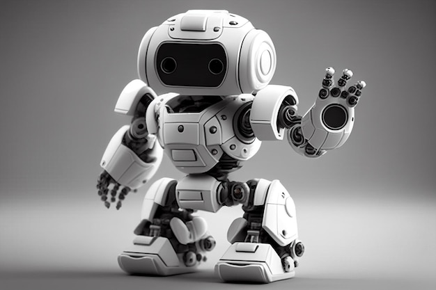 A robot with a hand raised is standing in a gray background.