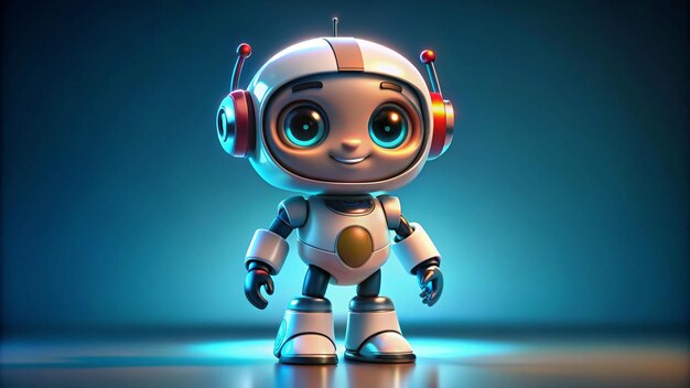 a robot with headphones on and a blue background