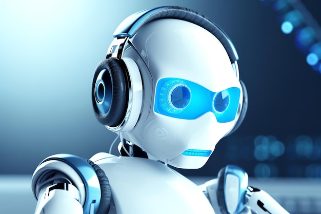 Robot with headphones on and a blue background