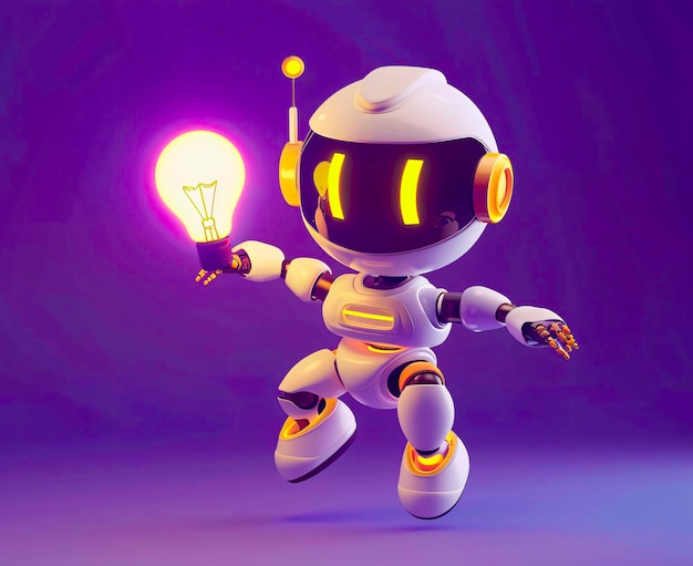 a robot with headphones on and a light bulb in the background