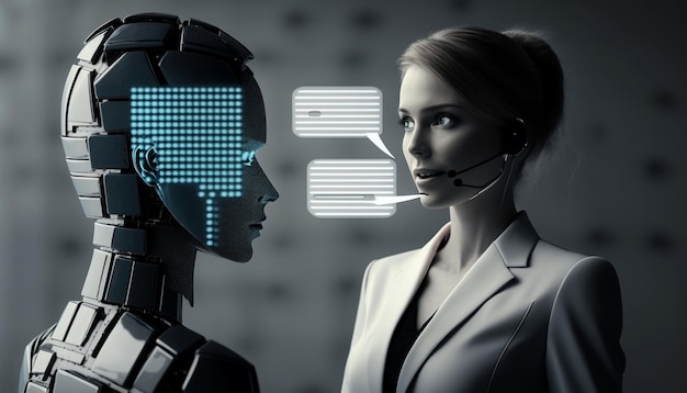 A robot with headsets and a woman talking to each other.