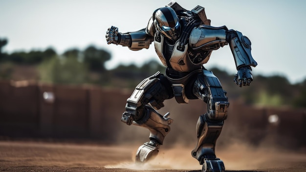 A robot with a helmet and arms outstretched runs across a dirt field.