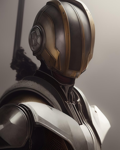 A robot with a helmet that says'star wars'on it