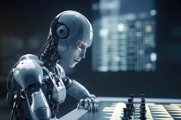 Robot With Humanlike Face Playing Chess Against Computer Screen Displaying Virtual Opponent Generative AI