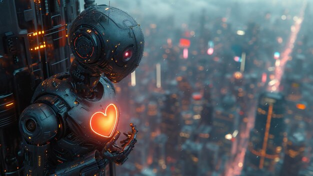 Robot with Illuminated Heart Overlooking Futuristic Cityscape Perfect for technology emotion future