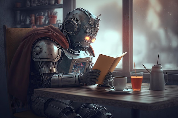 Robot with its laptop on the table sipping coffee and reading book in cozy cafe