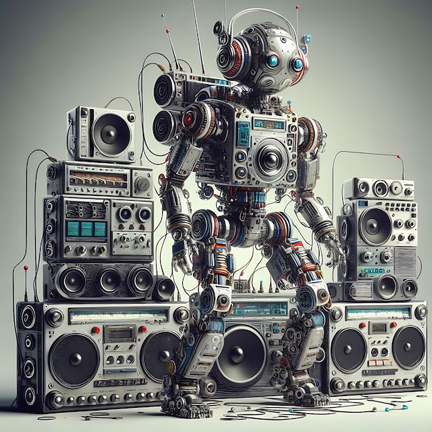 Robot with music cassette player and musical staffs