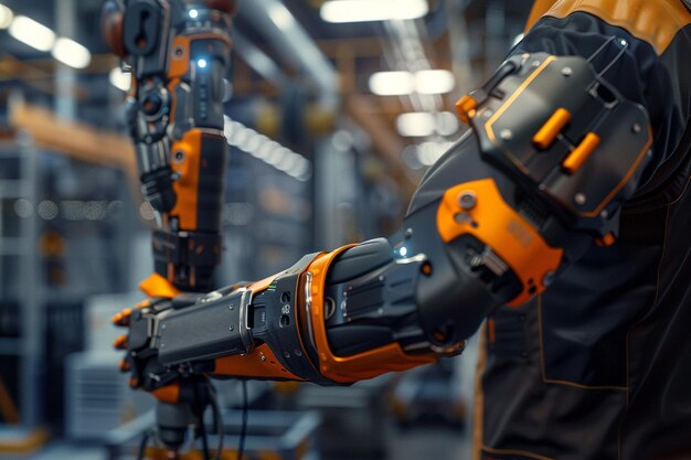 Photo a robot with orange and black hands holding a robot