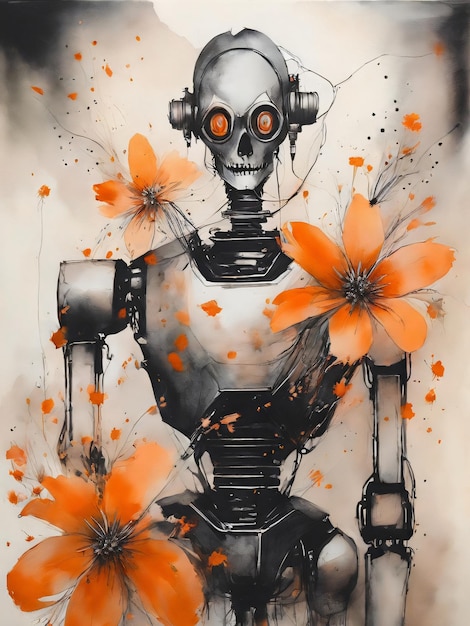 a robot with orange flowers and a black background with orange flowers