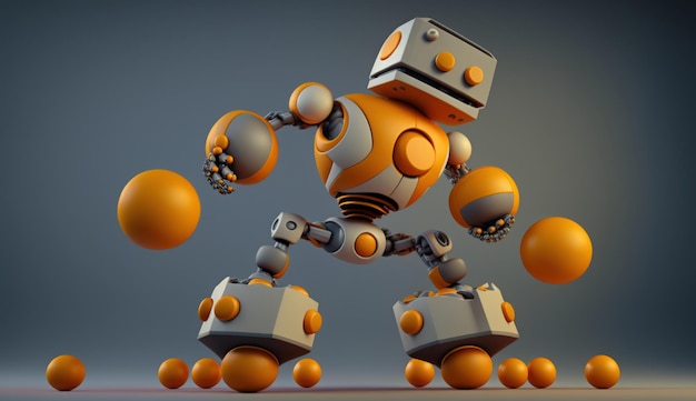 A robot with orange legs and orange legs is playing with a ball.