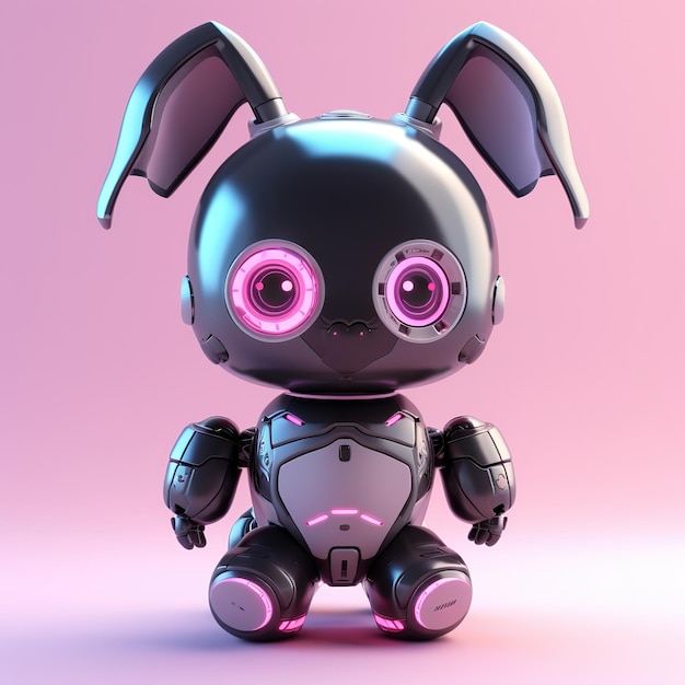 a robot with pink eyes and a pink background