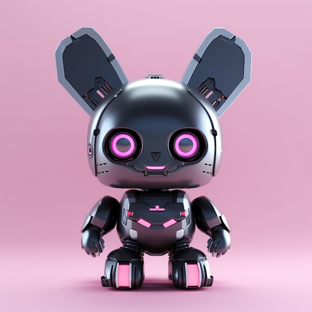 a robot with pink eyes and a pink background