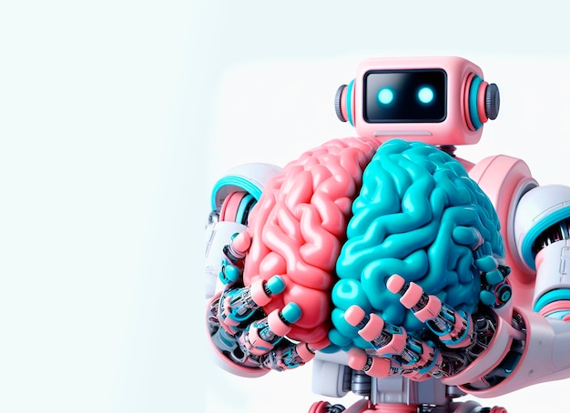 a robot with a pink head with a blue and pink brain on it