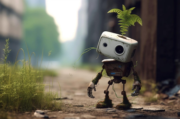 A robot with a plant growing out of it