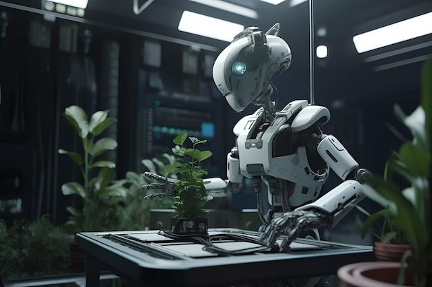 A robot with a plant in his hand