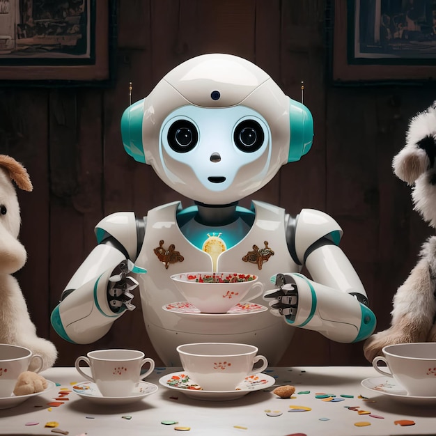 a robot with a plate of food and a stuffed animal on the table AI Generated