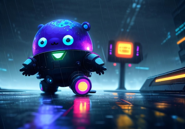 A robot with a purple face is walking in the rain.