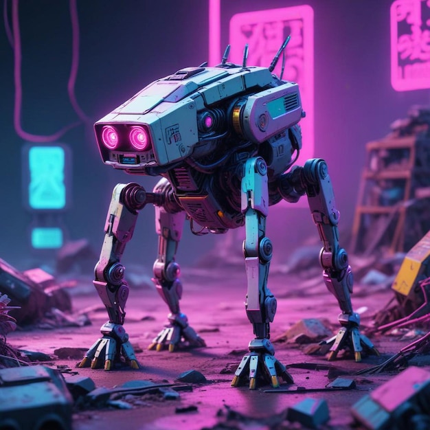 a robot with a purple light on it stands in front of a neon sign