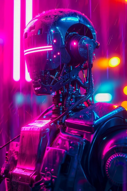 Robot with rainy background has purple lights shining on it giving artistic and unique look to the i