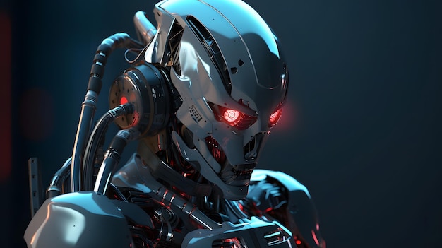 A robot with red eyes and a black background