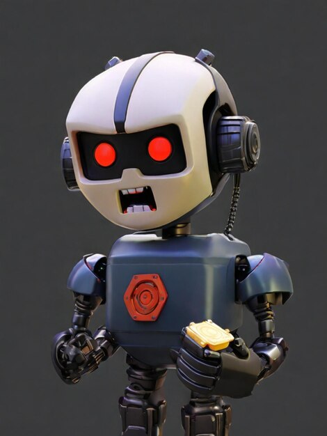 a robot with red eyes and a red eye with a piece of cheese in the middle