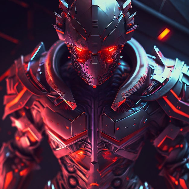 A robot with red eyes and a red glowing eye.