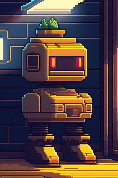 A robot with red eyes stands in front of a dark wall.