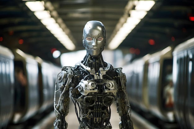 A robot with red eyes stands in a subway station