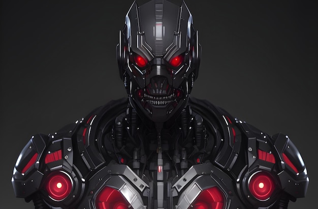 A robot with a red glowing eye and a black helmet with a silver face