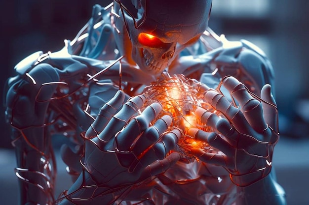 A robot with a red light on his chest holds his hands in pain.