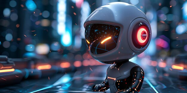 a robot with a red light on its head on the road in the city at night 3d rendering