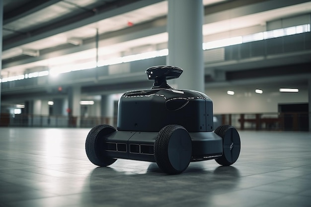 A robot with a remote control on its head sits in a large room.