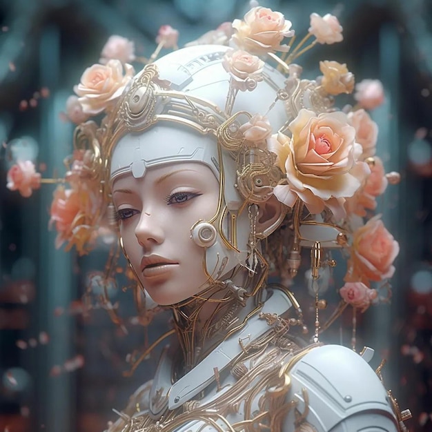 A robot with roses on her head