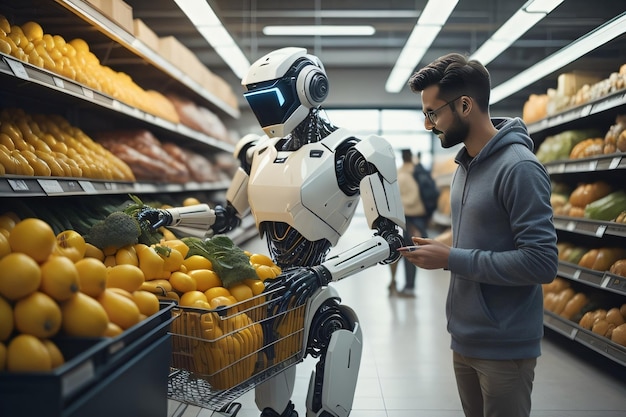 A robot with a shopping cart in a grocery store