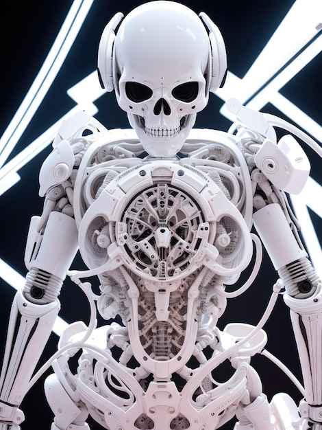 A robot with a skull on it that is made up of gears.