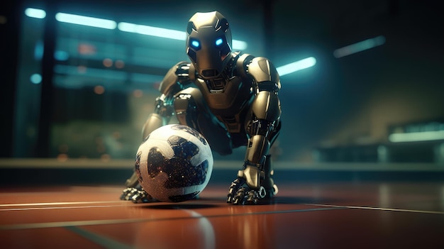 A robot with a soccer ball in his hands