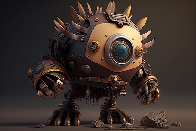 A robot with a spiked head and a metal face.