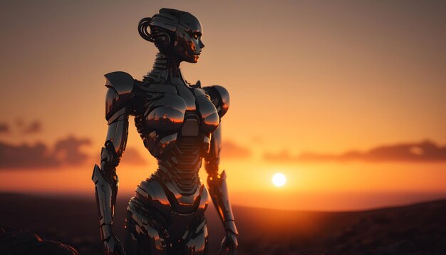 A robot with a sunset in the background